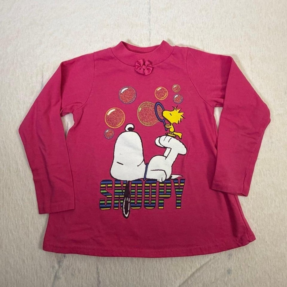 VTG Snoopy Woodstock Pink Long Sleeve Shirt Girls 6X Peanuts‎ Glitter Graphic